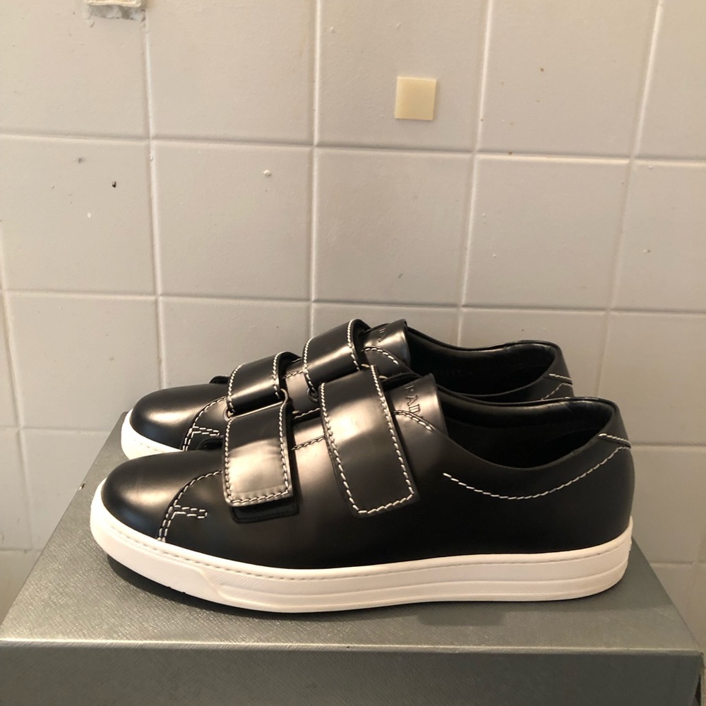 Black and off-white double strap prada sneakers